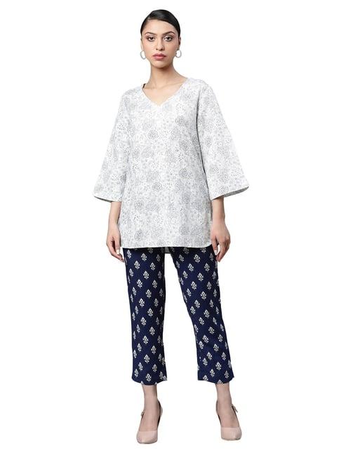 linen club woman white & blue printed kurta pant set