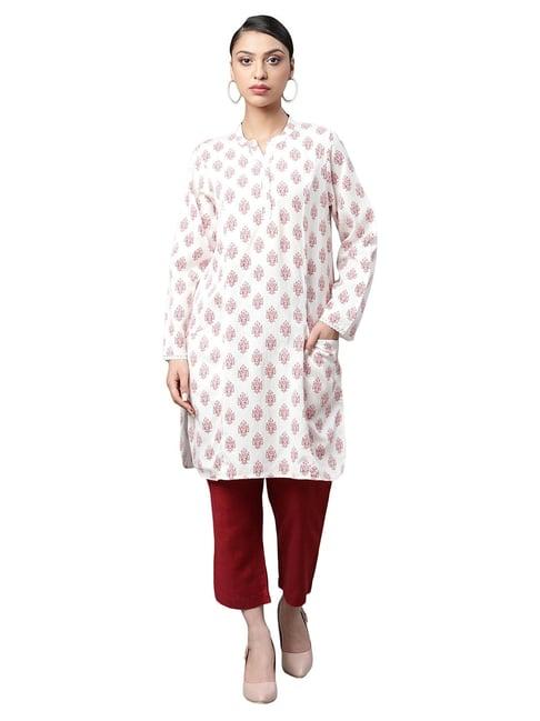 linen club woman white & red printed kurta pant set