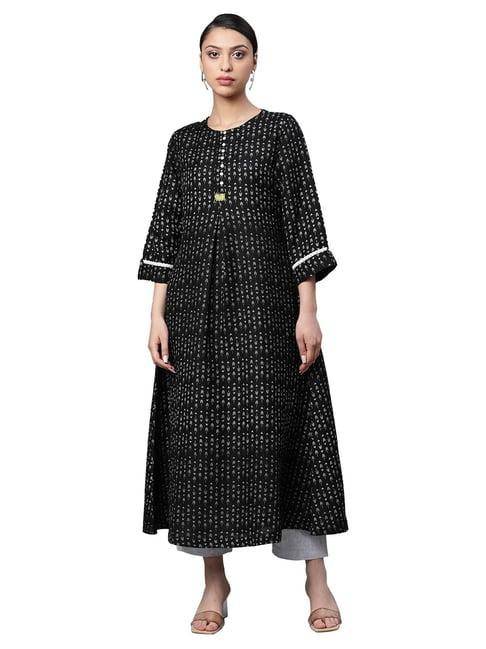 linen club woman black printed flared kurta