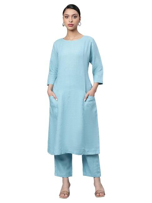 linen club woman blue straight kurta