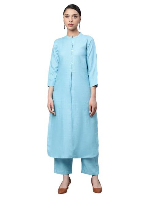 linen club woman blue straight kurta