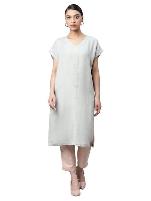 linen club woman sage green straight kurta