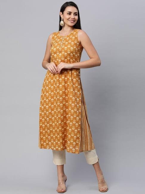 kami kubi yellow cotton floral print a line kurta