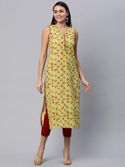 kami kubi yellow cotton floral print straight kurta