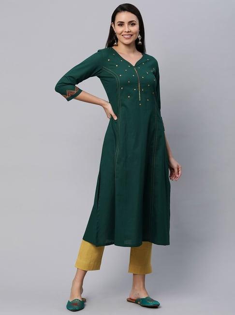 kami kubi green cotton embroidered a line kurta