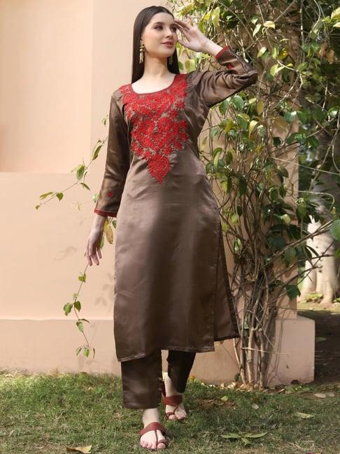 shades brown embroidered chikankari kurta pant set