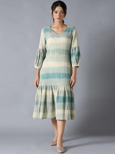 w off-white & blue cotton striped a-line dress