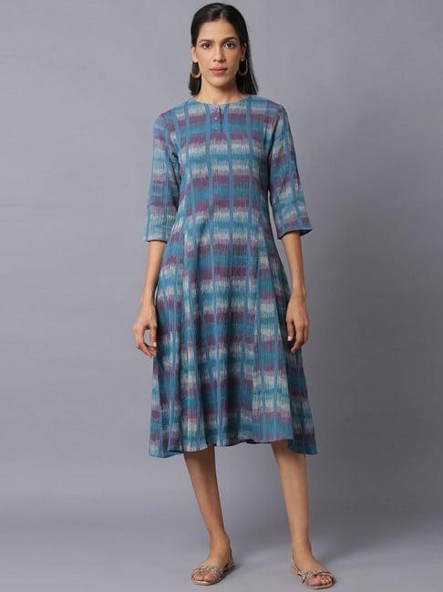 w blue aztec print a line kurta