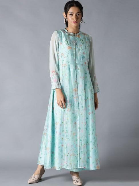 wishful by w blue floral print flared kurta with jacket