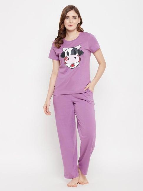 clovia purple graphic print pajama set