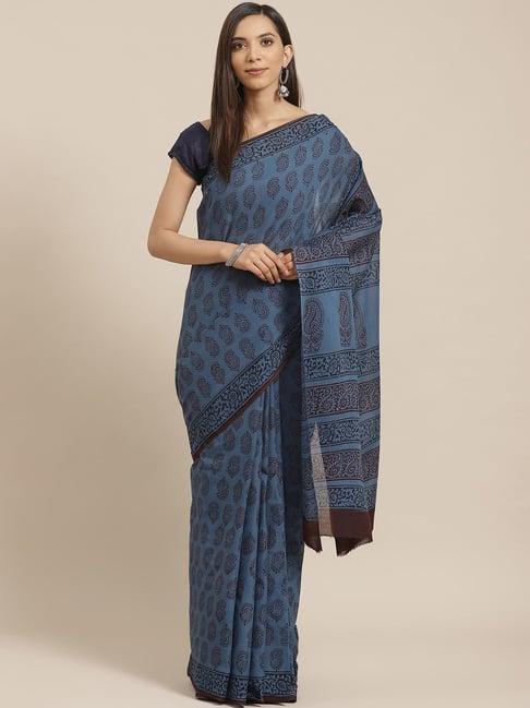 kalakari india blue cotton printed saree with unstitched blouse