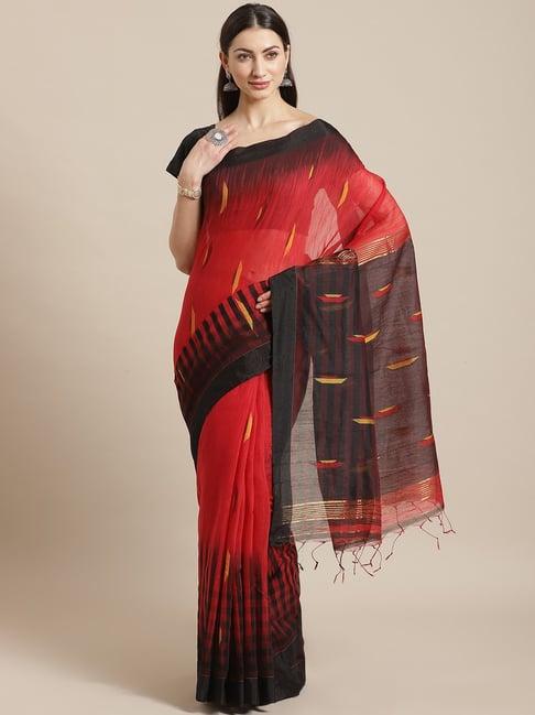 kalakari india red & black cotton silk woven saree with unstitched blouse