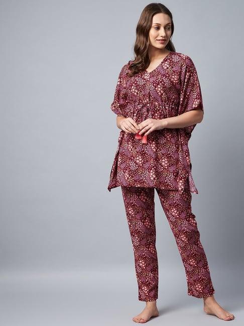 stylestone maroon floral print kaftan top with pyjamas