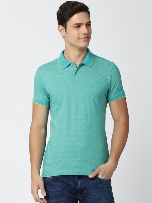 peter england blue slim fit printed polo t-shirts