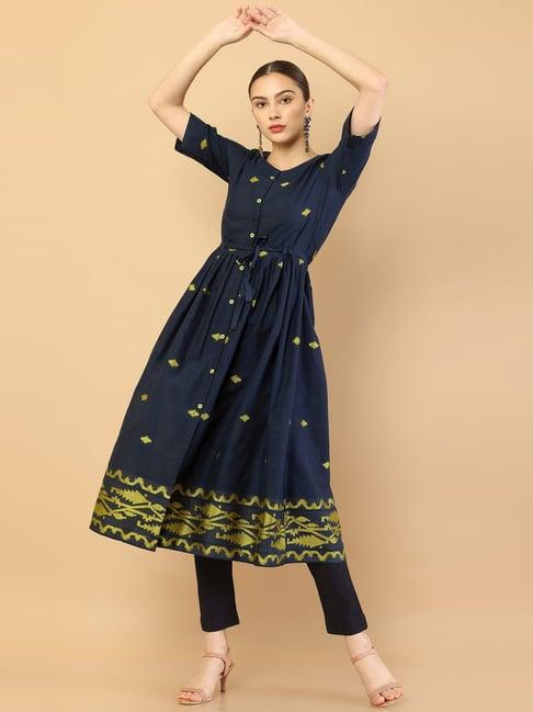 soch navy cotton printed a-line dress