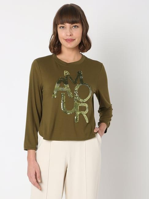 vero moda green embellished round neck top