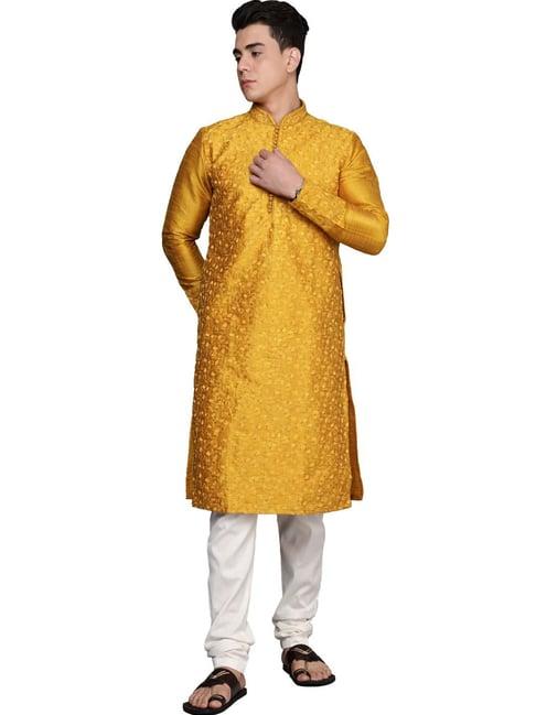 manyavar yellow regular fit printed kurta sets