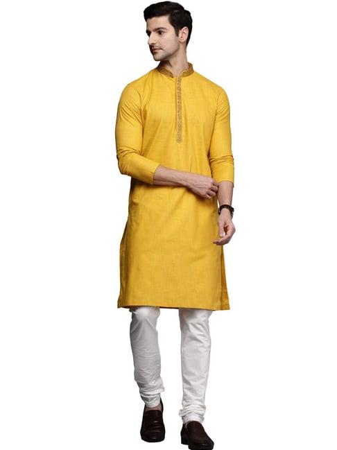 manyavar yellow regular fit printed kurta sets