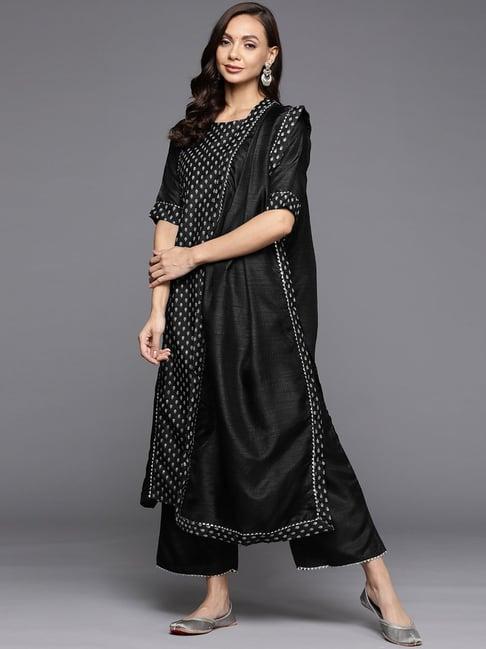 indo era black printed kurta palazzo set with dupatta