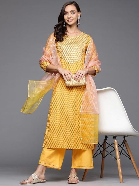 indo era yellow printed kurta palazzo set with dupatta