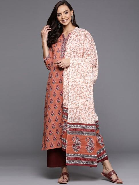 indo era peach & maroon printed kurta palazzo set with dupatta