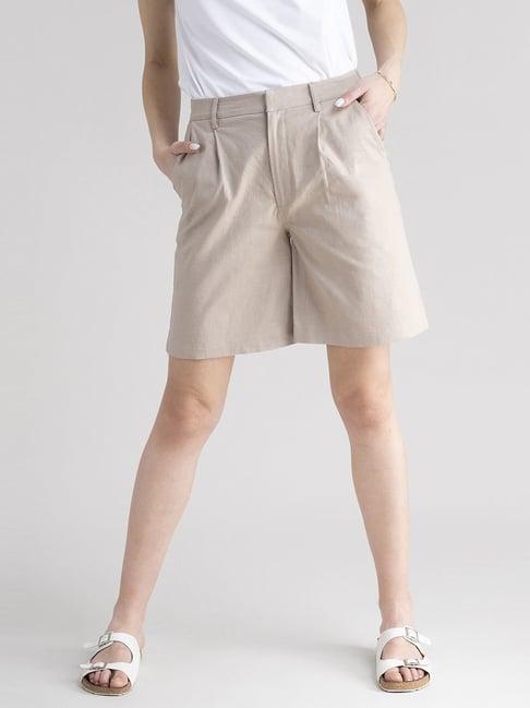 fablestreet beige cotton regular fit shorts