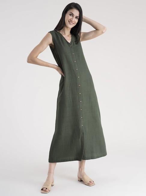 fablestreet olive green cotton a-line dress