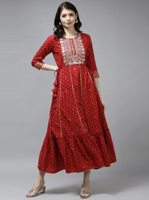 yufta red embroidered a-line dress