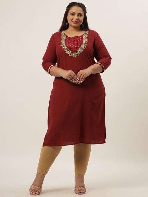 yufta maroon cotton embroidered straight kurta