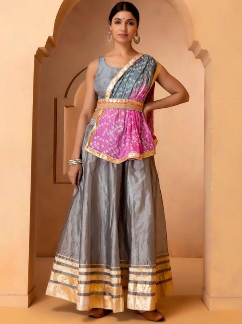 geroo jaipur grey handcrafted gota work chanderi lehenga set