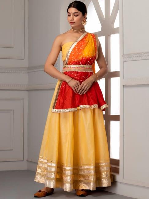 geroo jaipur yellow handcrafted gota work chanderi lehenga set