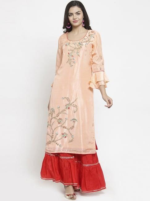 geroo jaipur peach & red embroidered kurta sharara set