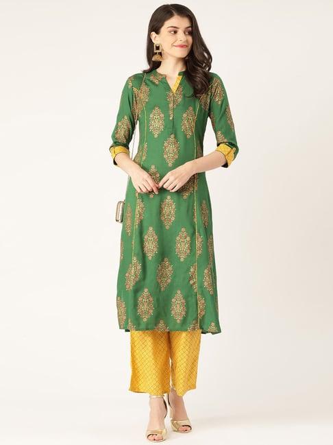 rangmayee green & yellow printed kurta palazzo set