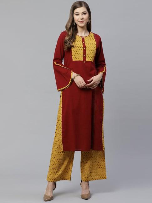 yash gallery maroon & yellow printed kurta palazzo set