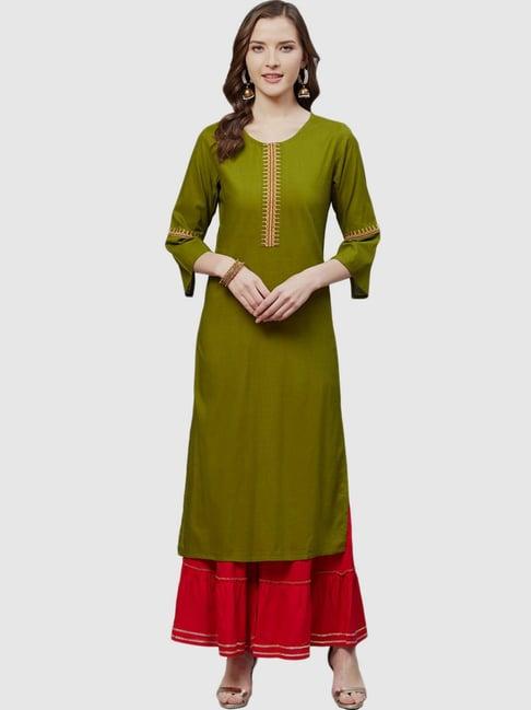 yash gallery green & red embroidered kurta sharara set