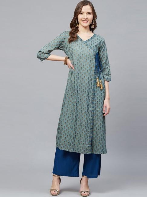 yash gallery green & blue printed kurta palazzo set