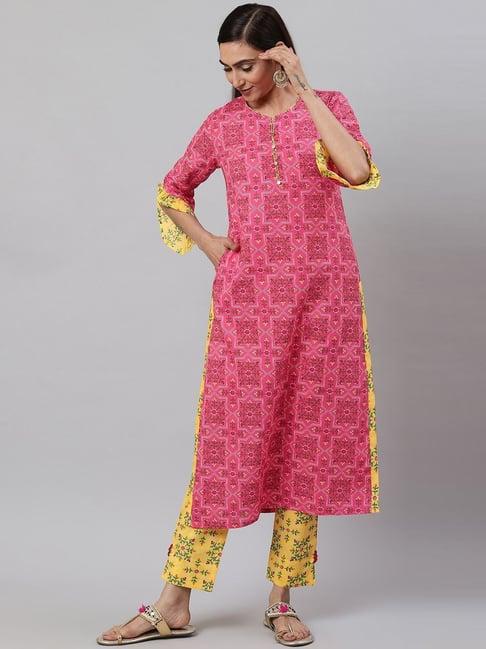 yash gallery pink & yellow printed kurta pant set