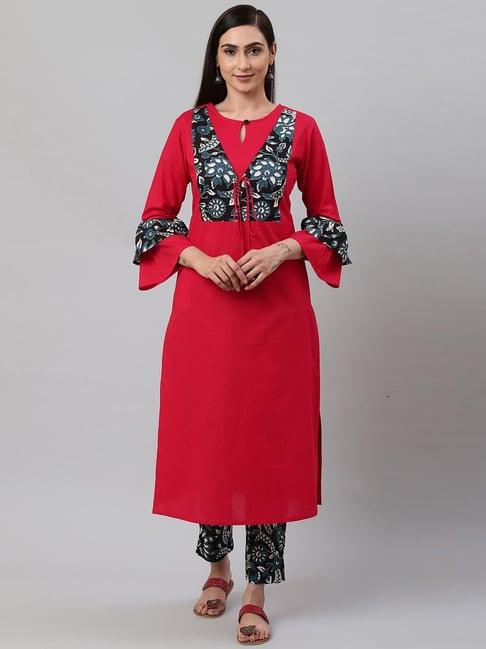 yash gallery red & black cotton printed kurta pant set