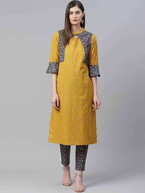 yash gallery yellow & grey cotton printed kurta pant set