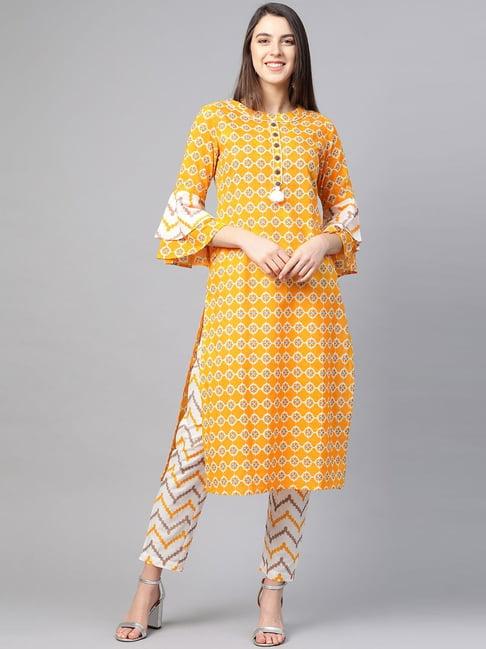 yash gallery yellow & white cotton printed kurta pant set