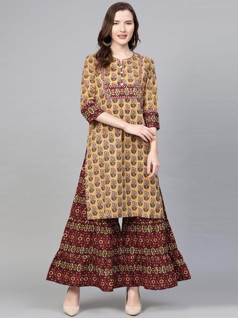 yash gallery yellow & maroon cotton printed kurti sharara set