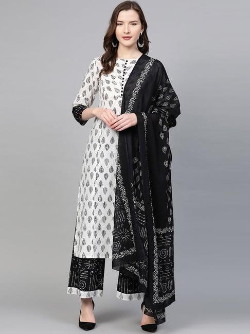 yash gallery white & black cotton printed kurta palazzo set with dupatta