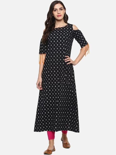 yash gallery black cotton printed a line kurta