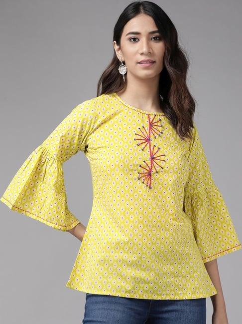 yash gallery yellow cotton embroidered top