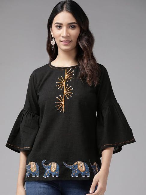 yash gallery black cotton embroidered top