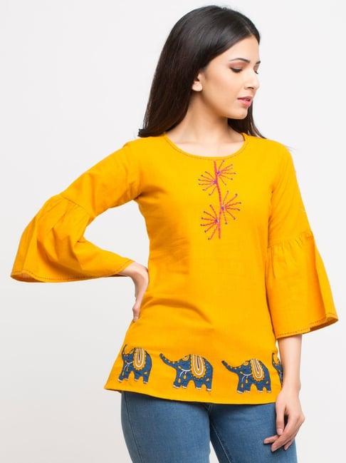 yash gallery yellow cotton embroidered top