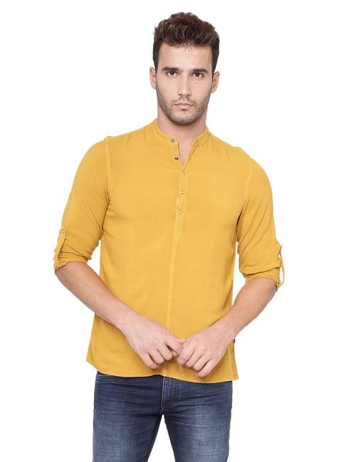 identiti mustard full sleeves solid slim fit short kurta