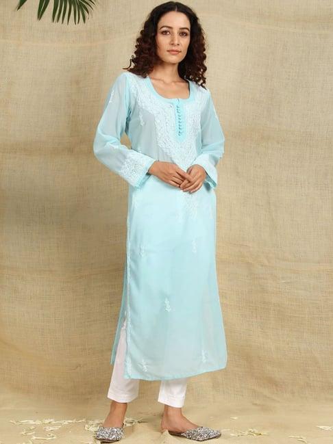 shades blue embroidered kurta