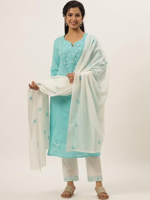 divyank blue & white cotton embroidered kurta pant set with dupatta