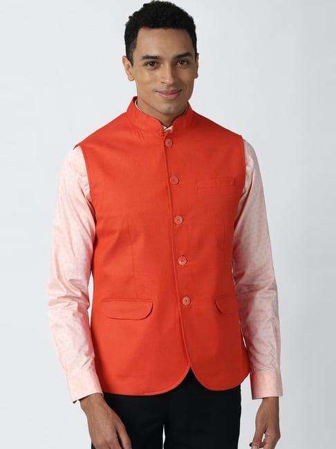 peter england orange regular fit nehru jacket